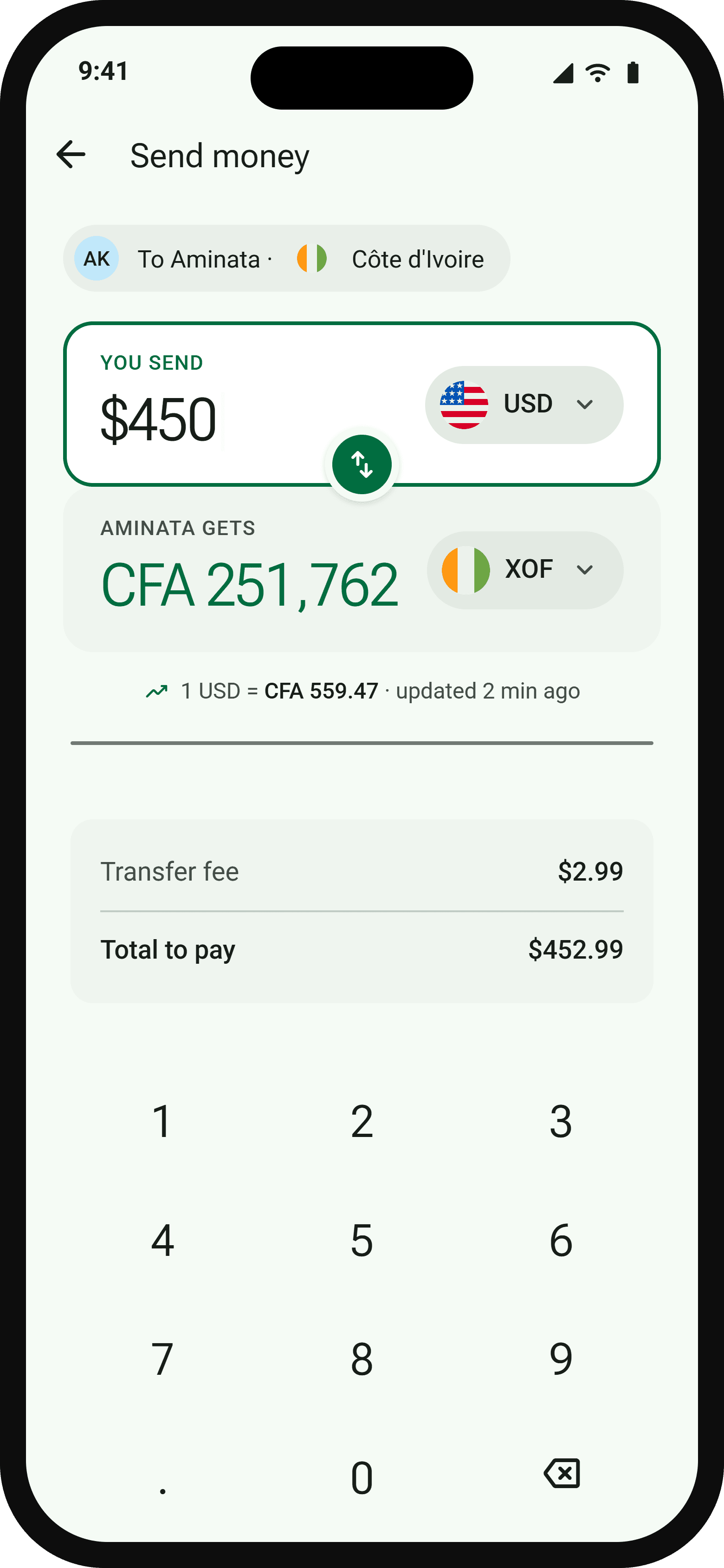 VeloraSend enter amount screen